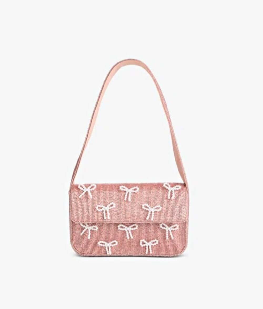 On 34th Hand Beaded Shoulder Bag Silver Pink with Bows (MSRP $110)